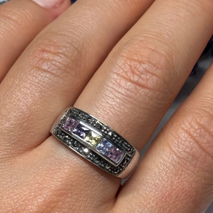 Vintage 925 Sterling Silver Tourmalines & Marcasite Ring Size 8