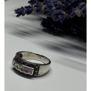 Vintage 925 Sterling Silver Tourmalines & Marcasite Ring Size 8