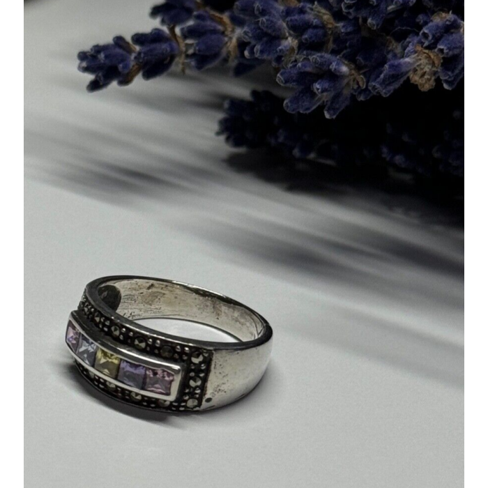 Vintage 925 Sterling Silver Tourmalines & Marcasite Ring Size 8