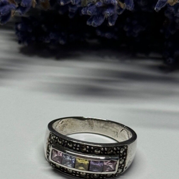 Vintage 925 Sterling Silver Tourmalines & Marcasite Ring Size 8