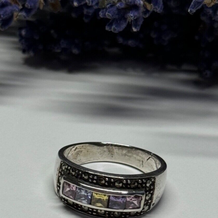 Vintage 925 Sterling Silver Tourmalines & Marcasite Ring Size 8