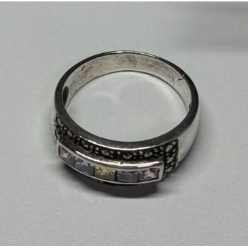 Vintage 925 Sterling Silver Tourmalines & Marcasite Ring Size 8