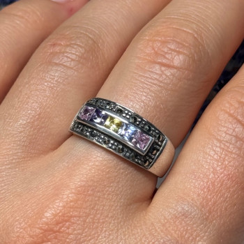 Vintage 925 Sterling Silver Tourmalines & Marcasite Ring Size 8