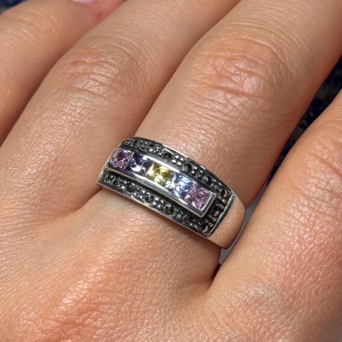 Vintage 925 Sterling Silver Tourmalines & Marcasite Ring Size 8