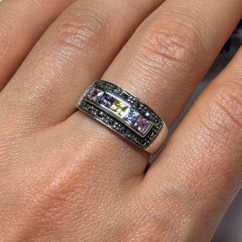 Vintage 925 Sterling Silver Tourmalines & Marcasite Ring Size 8