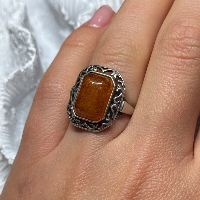 925 Sterling Silver Amber Ring Size 5