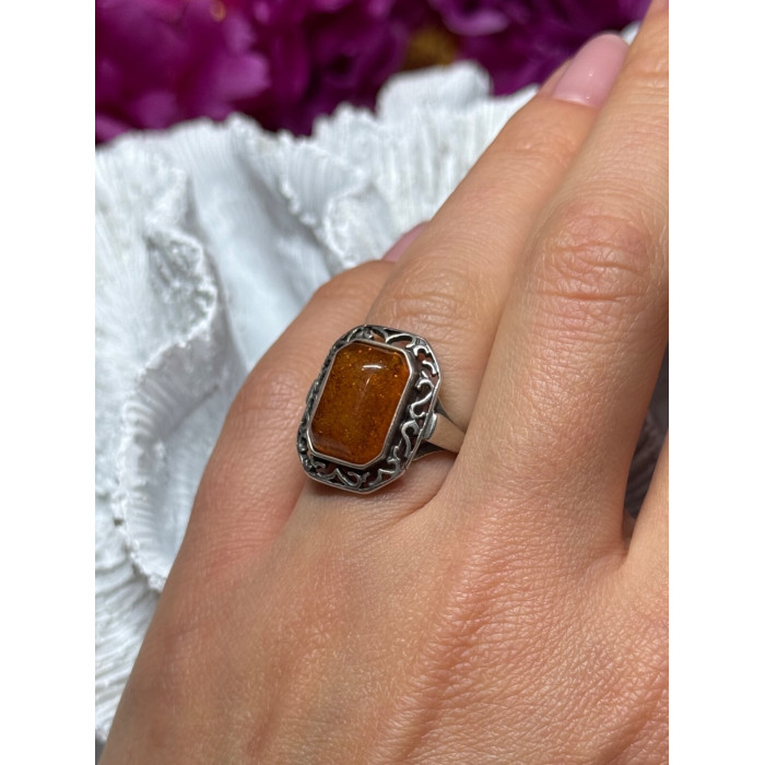 925 Sterling Silver Amber Ring Size 5