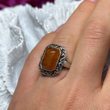 925 Sterling Silver Amber Ring Size 5