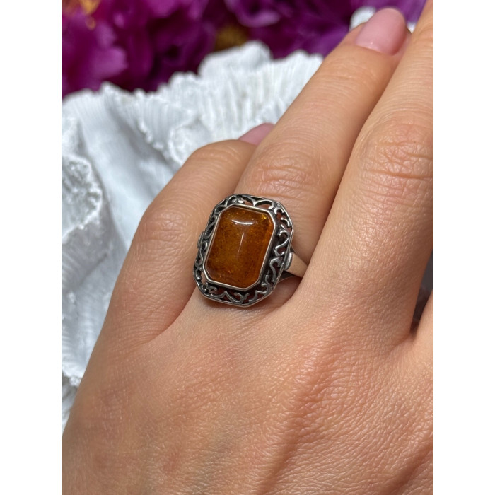 925 Sterling Silver Amber Ring Size 5