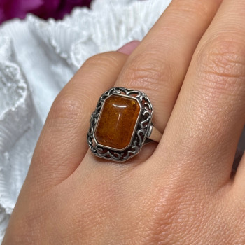 925 Sterling Silver Amber Ring Size 5