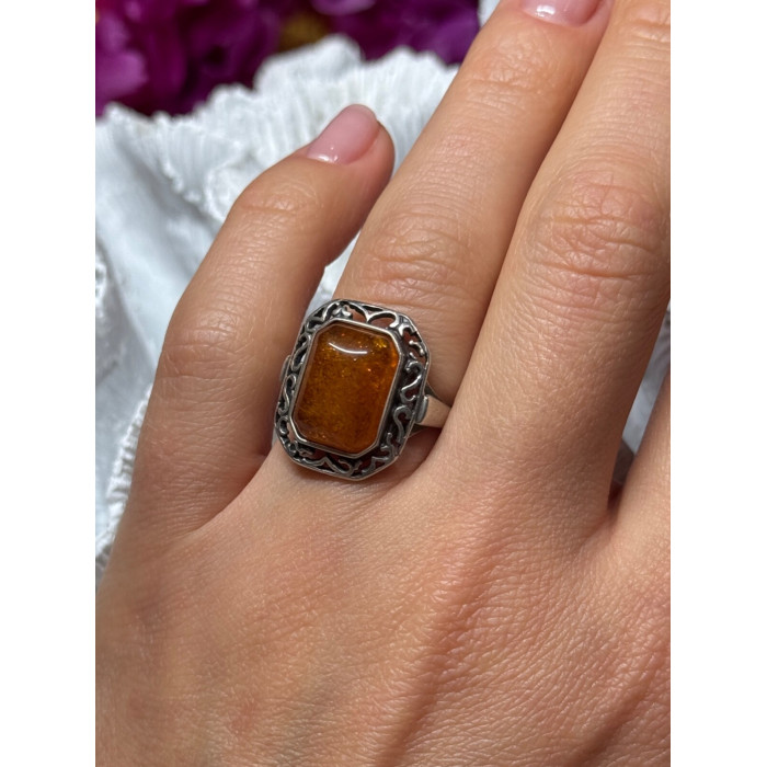 925 Sterling Silver Amber Ring Size 5