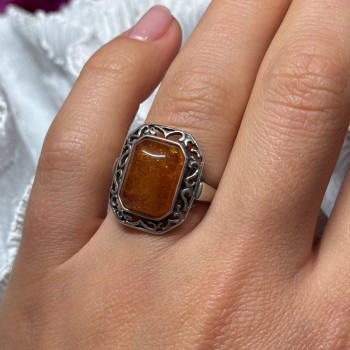 925 Sterling Silver Amber Ring Size 5