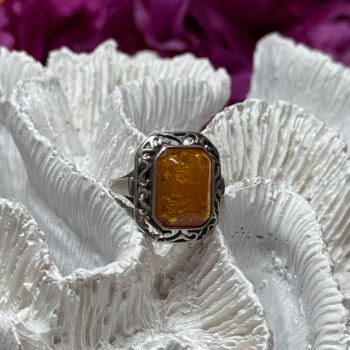 925 Sterling Silver Amber Ring Size 5