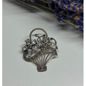 925 Sterling Silver CZ & Marcasites Flowers Brooch