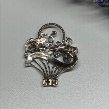 925 Sterling Silver CZ & Marcasites Flowers Brooch