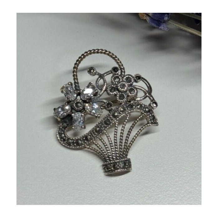 925 Sterling Silver CZ & Marcasites Flowers Brooch
