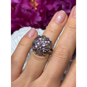 925 Sterling Silver Amethyst & Marcasite Ring Size 5
