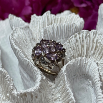925 Sterling Silver Amethyst & Marcasite Ring Size 5