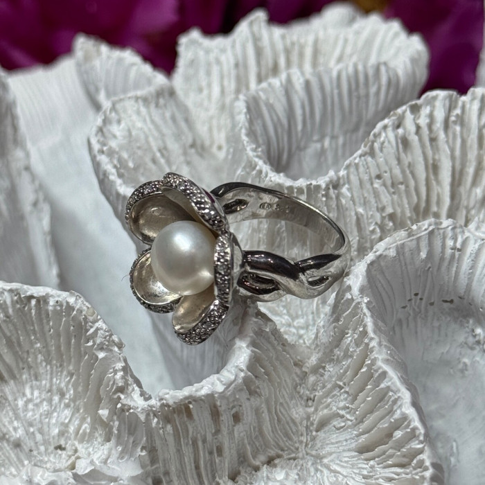 925 Sterling Silver Pearl & White Sapphire 