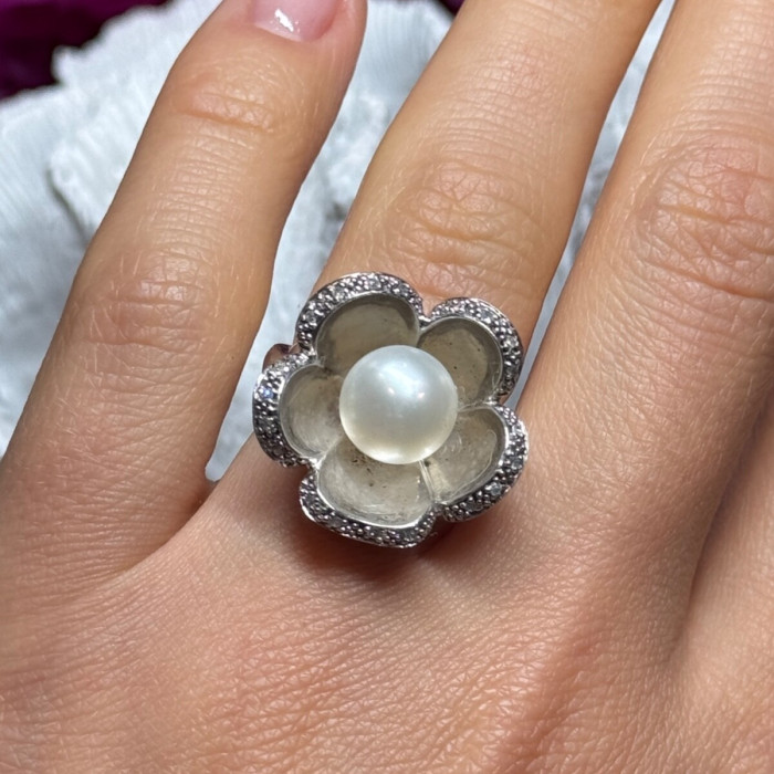 925 Sterling Silver Pearl & White Sapphire 