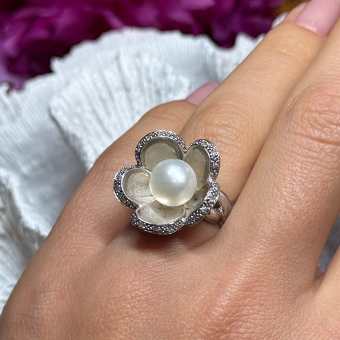 925 Sterling Silver Pearl & White Sapphire 