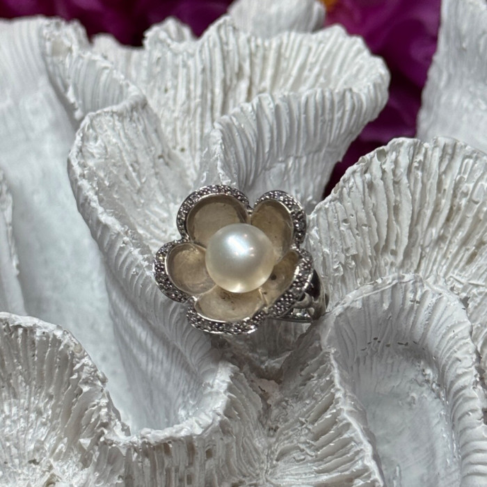 925 Sterling Silver Pearl & White Sapphire 