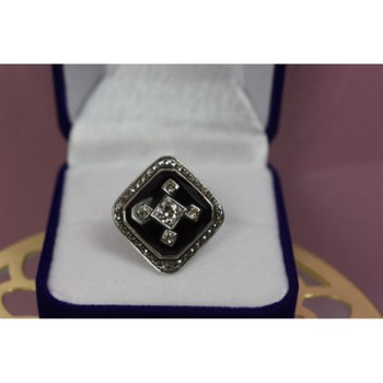 925 STERLING SILVER BLACK JADE, COLORLESS SAPPHIRE & MARCASITE RING SIZE 5.5