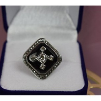 925 Sterling Silver Black Jade, Colorless Sapphire & Marcasite Ring Size 5.5