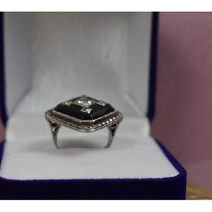 925 Sterling Silver Black Jade, Colorless Sapphire & Marcasite Ring Size 5.5