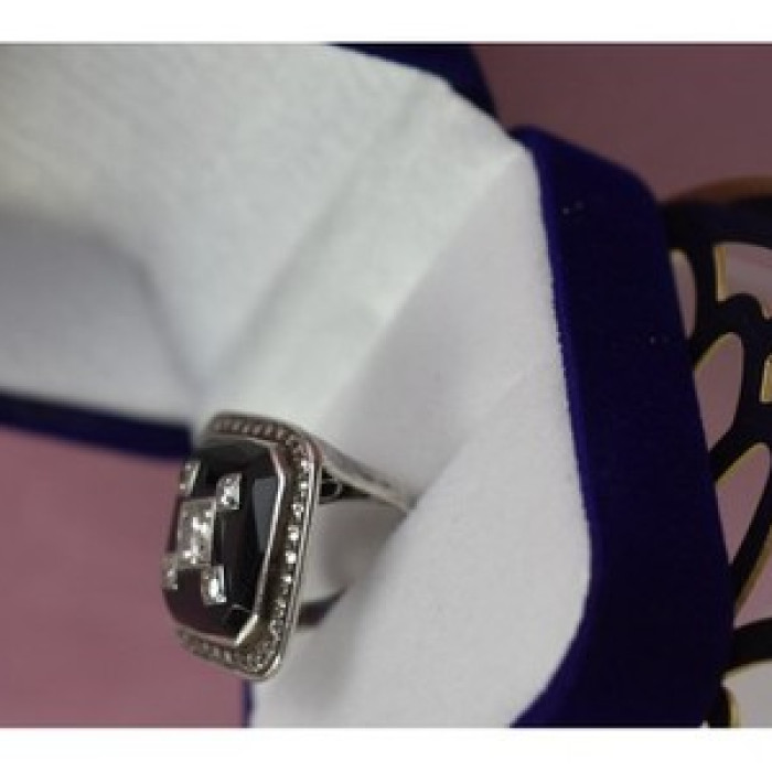 925 Sterling Silver Black Jade, Colorless Sapphire & Marcasite Ring Size 5.5