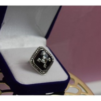 925 Sterling Silver Black Jade, Colorless Sapphire & Marcasite Ring Size 5.5