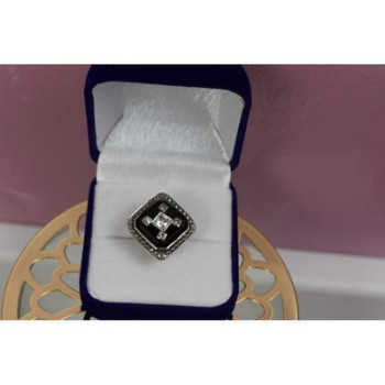 925 STERLING SILVER BLACK JADE, COLORLESS SAPPHIRE & MARCASITE RING SIZE 5.5