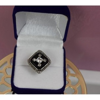 925 Sterling Silver Black Jade, Colorless Sapphire & Marcasite Ring Size 5.5