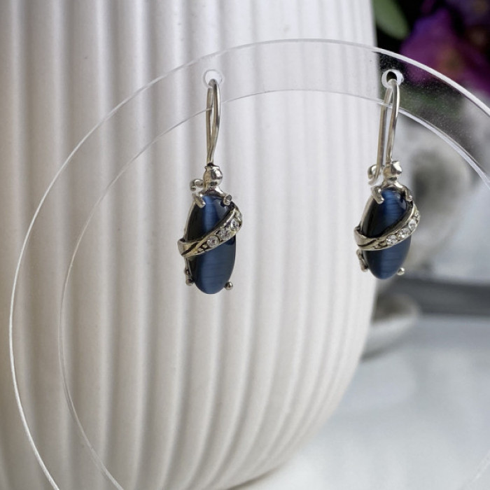 925 Sterling Silver Blue Onyx & CZ Earrings
