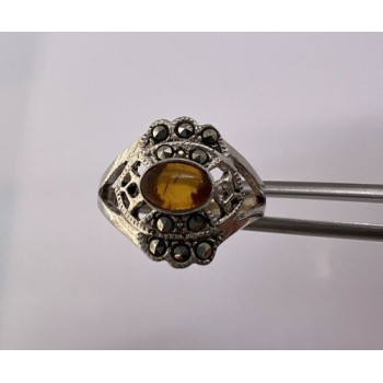 925 Sterling Silver Amber & Marcasite Ring Size 7