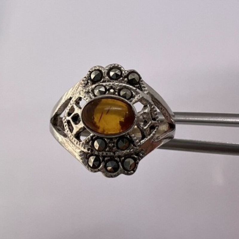 925 Sterling Silver Amber & Marcasite Ring Size 7
