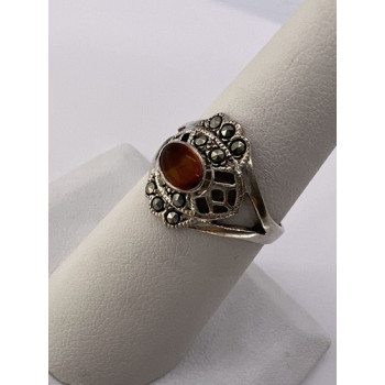 925 Sterling Silver Amber & Marcasite Ring Size 7