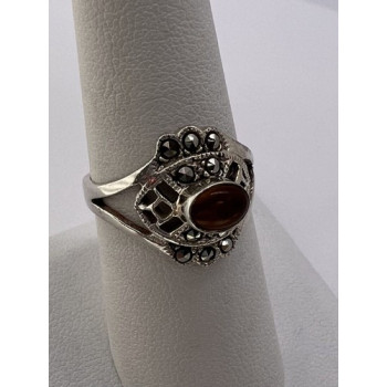 925 Sterling Silver Amber & Marcasite Ring Size 7