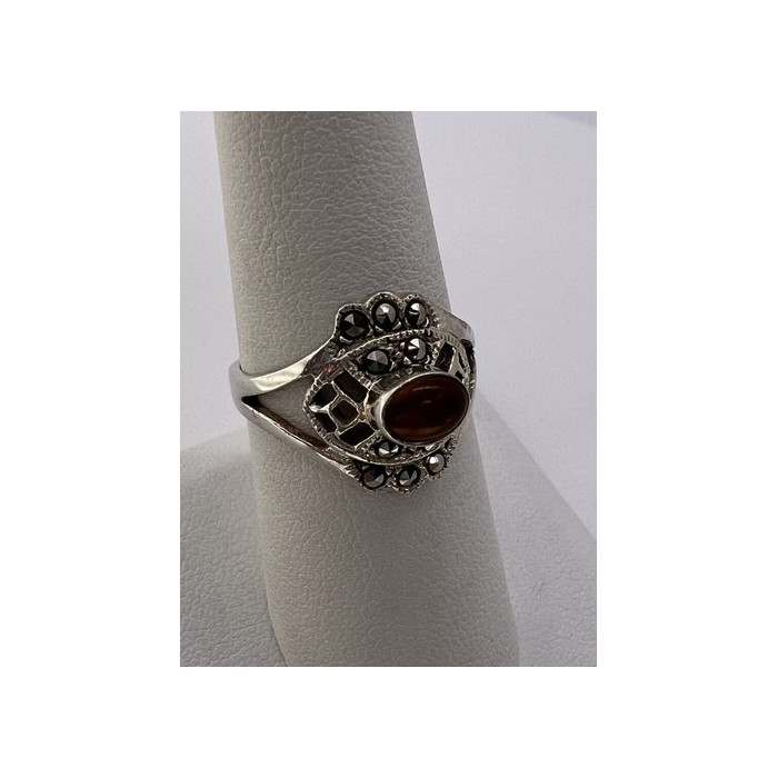 925 Sterling Silver Amber & Marcasite Ring Size 7