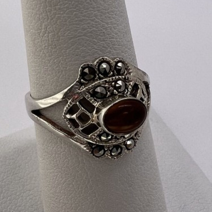 925 Sterling Silver Amber & Marcasite Ring Size 7