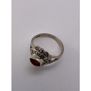 925 Sterling Silver Amber & Marcasite Ring Size 7