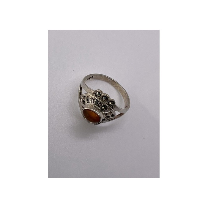 925 Sterling Silver Amber & Marcasite Ring Size 7
