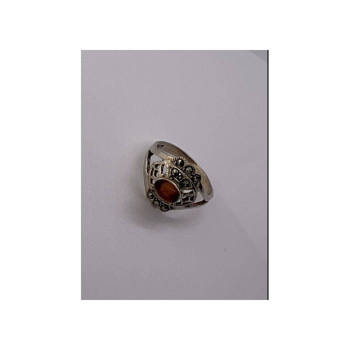 925 Sterling Silver Amber & Marcasite Ring Size 7
