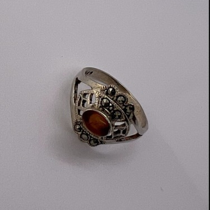 925 Sterling Silver Amber & Marcasite Ring Size 7