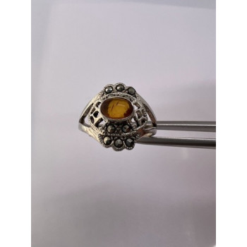 925 Sterling Silver Amber & Marcasite Ring Size 7