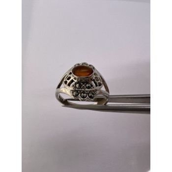 925 Sterling Silver Amber & Marcasite Ring Size 7