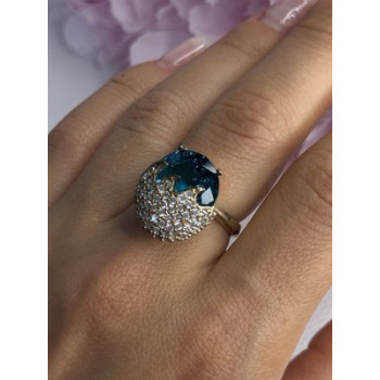 925 Sterling Silver Blue Crystal & CZ Ring Size 8