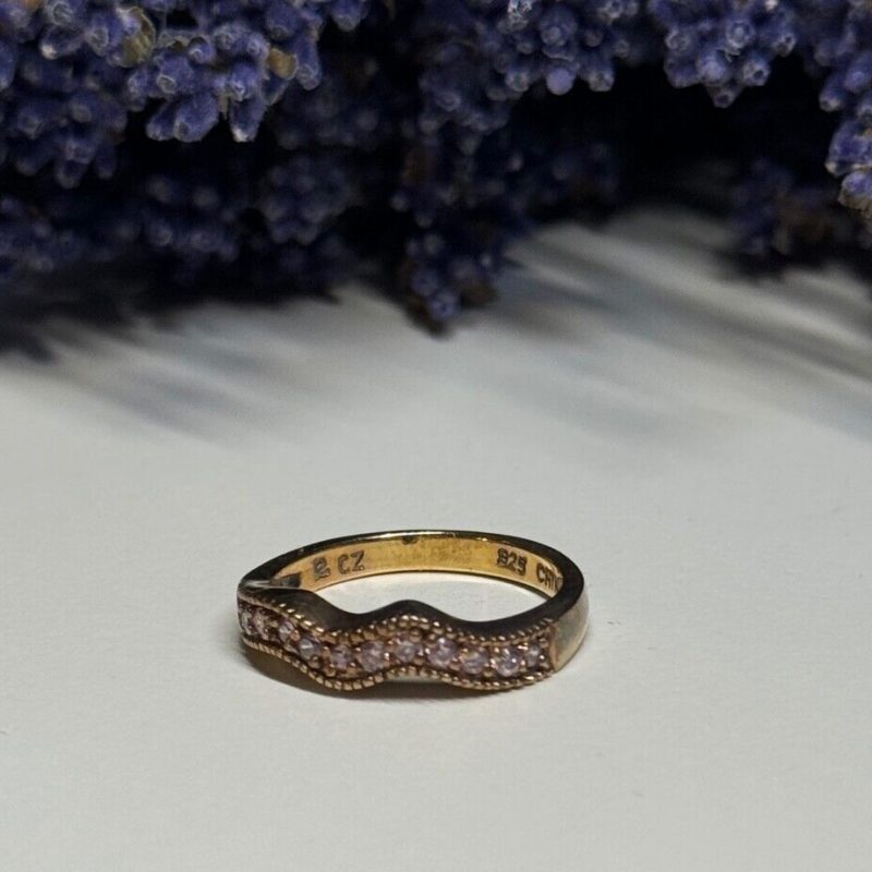925 Sterling Silver Gold Plated Pink CZ Ring Size 6