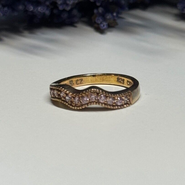925 Sterling Silver Gold Plated Pink CZ Ring Size 6