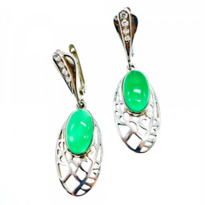 Vintage 925 Sterling Silver Green Agate & CZ Earrings